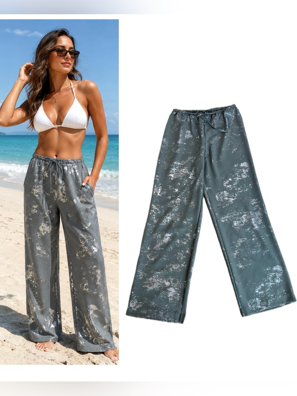 Zara Metallic Silver Print Wide Leg Drawstring Pants Gray Size S NWOT